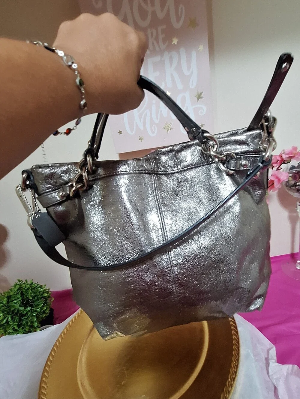 ✨🖤 COACH BROOKE METALLIC PEWTER LEATHER HOBO ✨🖤